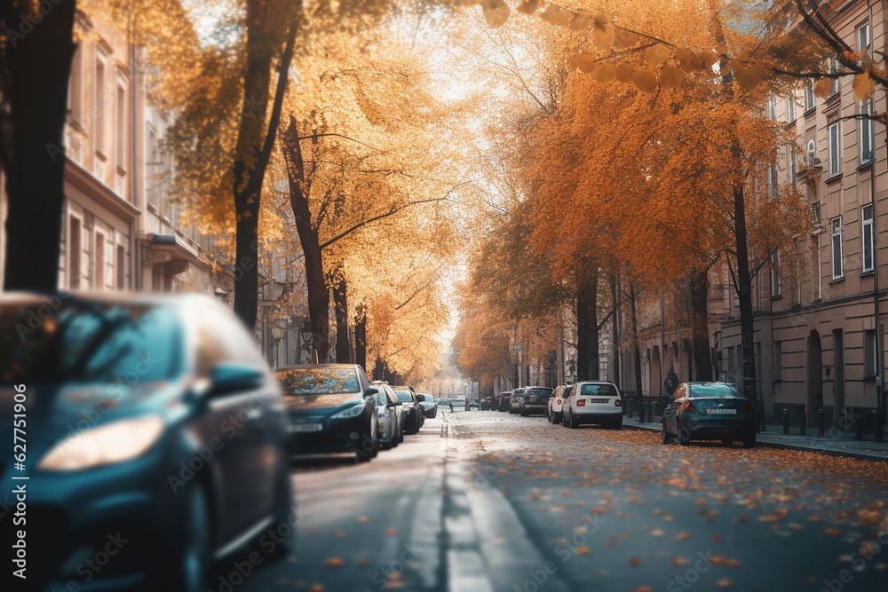 Autumn city street with dry leaves. Generative AI