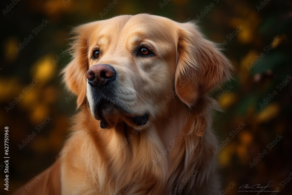 Golden retriever dog closeup in an autumn park. Generative AI