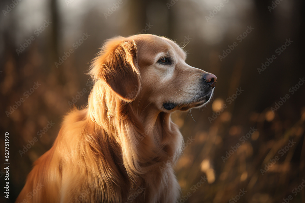 Golden retriever dog in an autumn nature. Generative AI