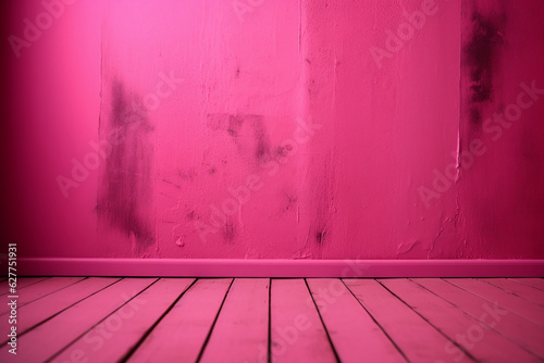 Pink photo wall and wooden floor background. Generative AI