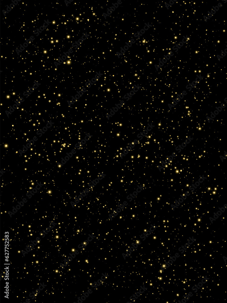 Festive vector background with gold glitter and confetti for christmas celebration. Black background with glowing golden particles.