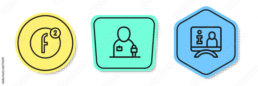 Set line Create account, Journalist news and Television report. Colored shapes. Vector Set line Create account, Journalist news and Television report. Colored shapes. Vector