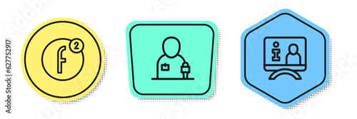 Set line Create account, Journalist news and Television report. Colored shapes. Vector