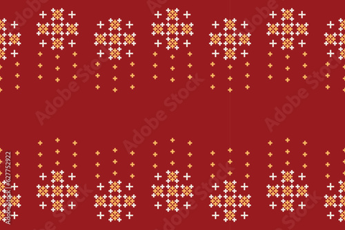 Ethnic geometric fabric pattern Cross Stitch.Ikat embroidery Ethnic oriental Pixel pattern red background. Abstract,vector,illustration. Texture,clothing,frame,decoration,motifs,silk wallpaper.