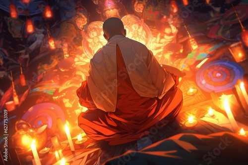 Zen monk in yoga lotus pose with flames and lightnings, Generative AI