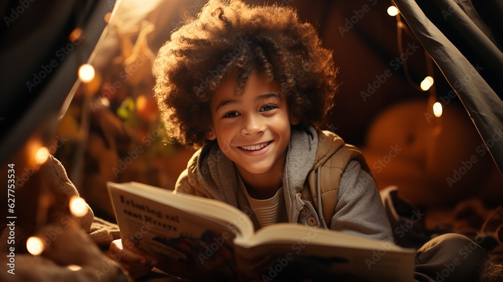 Cute little african american kid curly boy reading book in play tent. Generative AI Cute little african american kid curly boy reading book in play tent. Generative AI