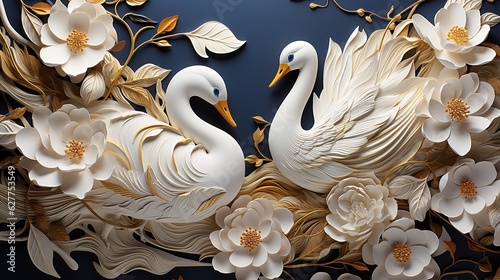 Elegant 3d Design White and Golden Floral Ornament with Flowers and Duck illustration Background. 3D Abstraction Interior Mural Wallpaper for Home Wall Decor © Volodymyr Skurtul