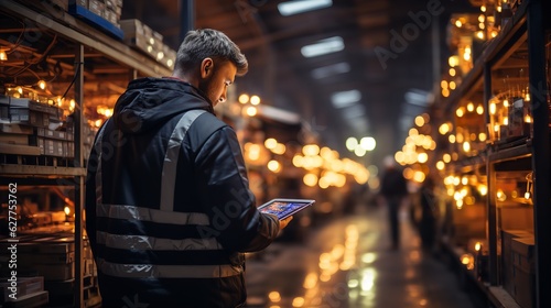 Worker using a tablet or computer for data entry in a factory, factory, worker, natural light, affinity, bright background. Generative AI