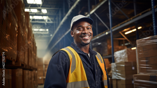 Warehouse worker in a special uniform against the background of racks with parcels.