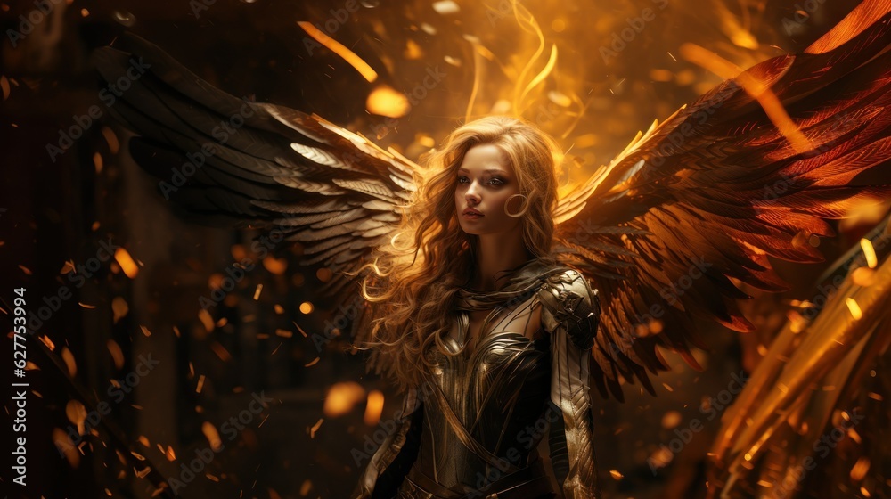 Beautiful Angel Woman in Armor on the Battlefield. Digital Art Wallpaper Backdrop. Generative AI Illustration.