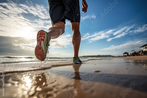 Man runner seashore seaside tropical waves ocean island nature. Jogger legs sandy beach leisure time activity fitness. Sneakers sand vacation healthy lifestyle habits cardio exercise running sport