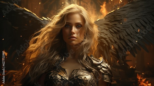 Slika na platnu Beautiful Angel Woman in Armor on the Battlefield