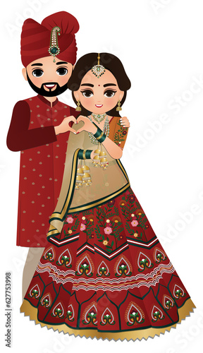 Bride and groom cute couple in traditional indian dress cartoon character