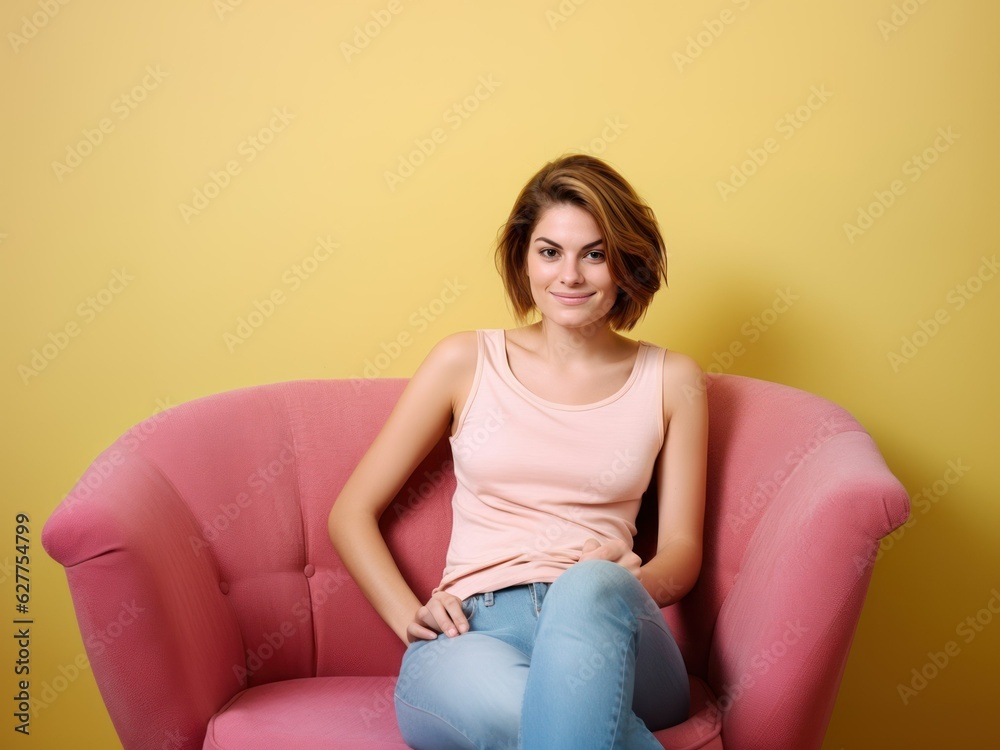 Beautiful young fictional brunette woman model sitting on a chair and smiling. Isolated on a plain pastel colored background. Generative AI. Beautiful young fictional brunette woman model sitting on a chair and smiling. Isolated on a plain pastel colored background. Generative AI.