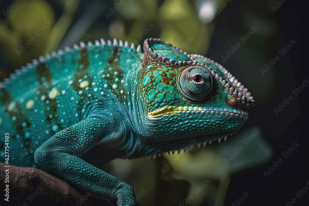 Green Chameleon on dark background.