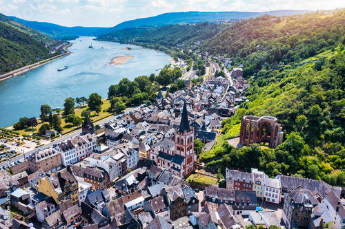Bacharach panoramic view. Bacharach is a small town in Rhine valley in Rhineland-Palatinate, Germany. Bacharach on Rhein town, Rhine river, Germany.