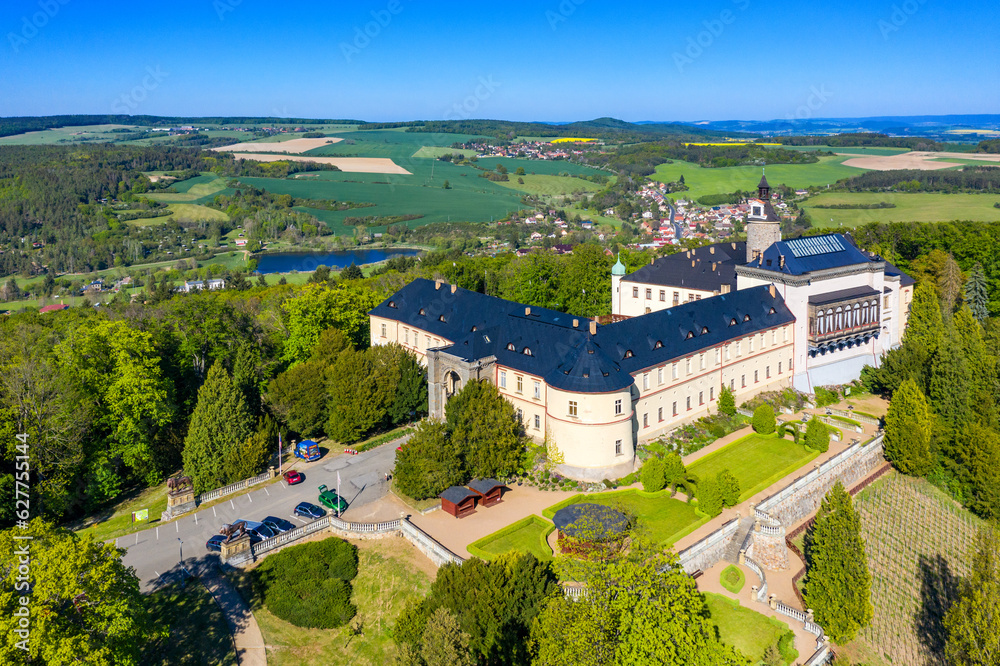 Top view of medieval castle Zbiroh. Czech Republic. Picturesque landscape with imposing medieval Zbiroh Castle in Rokycany district, Pilsen Region, Czechia.