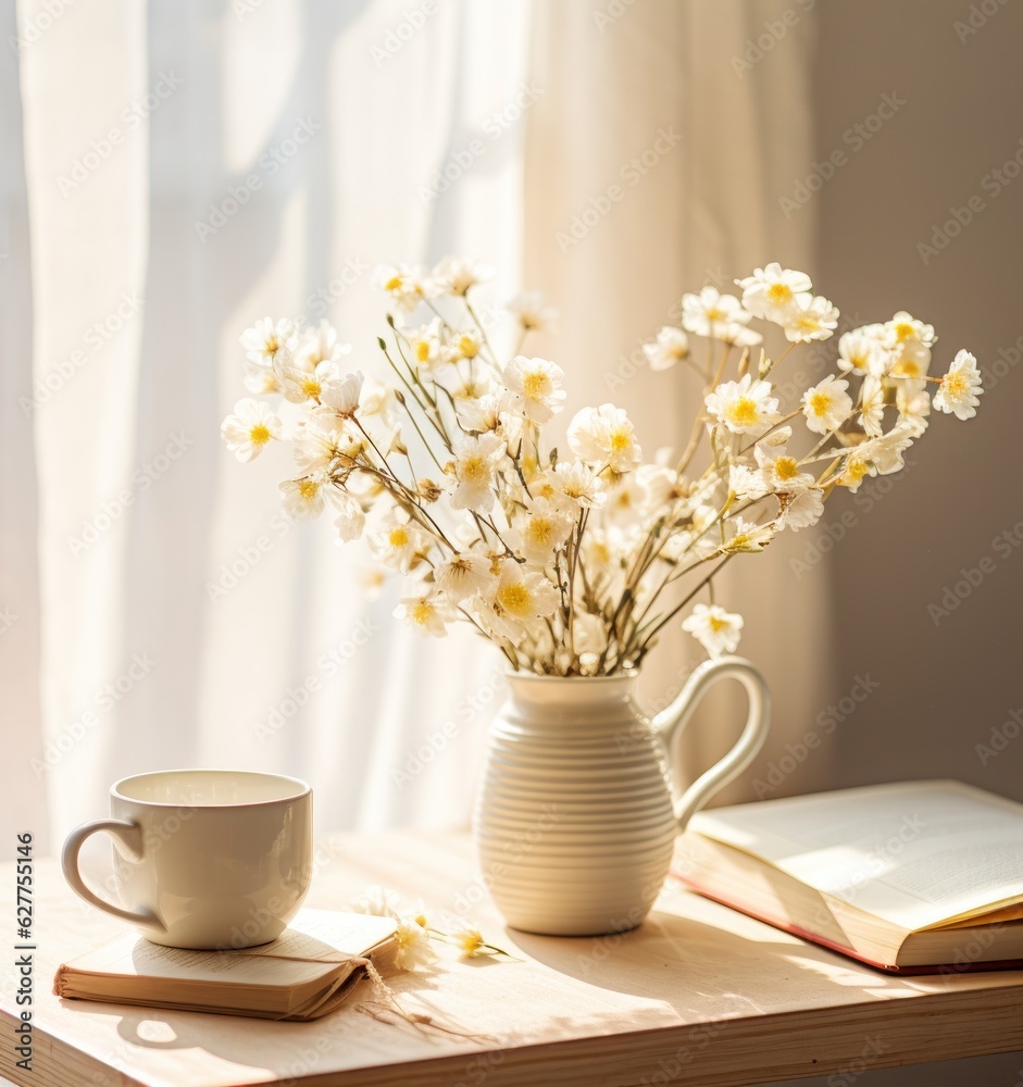 Coffee cup with dry flowers. Autumn cozy background