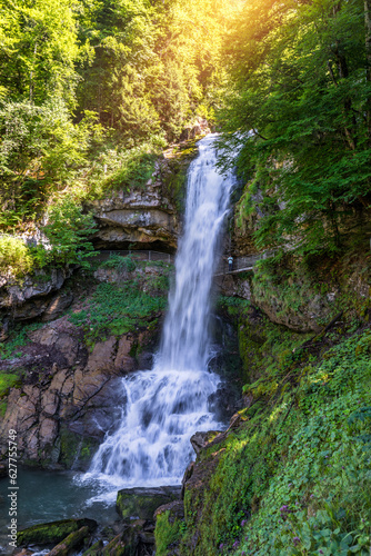 Waterfalls Giessbach in the Bernese Oberland  Switzerland. Giessbach waterfall flow to lake Brienz in Interlaken Switzerland. Giessbach Falls on Lake Brienz in the Bernese Oberland in Switzerland.