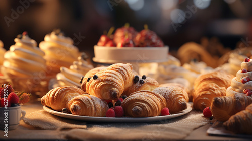 A bokeh-laden image showcasing a hyper-realistic assortment of freshly baked pastries, including croissants and danishes. Generative AI