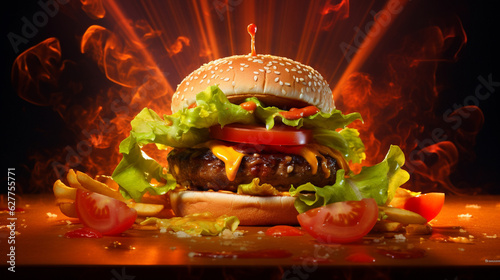 A bokeh-filled backdrop with a hyper-realistic burger, complete with perfectly melted cheese, crisp lettuce, and juicy tomatoes. Generative AI