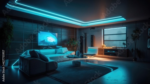 Modern and futuristic interior living room apartment. Created with generative AI. © lchumpitaz