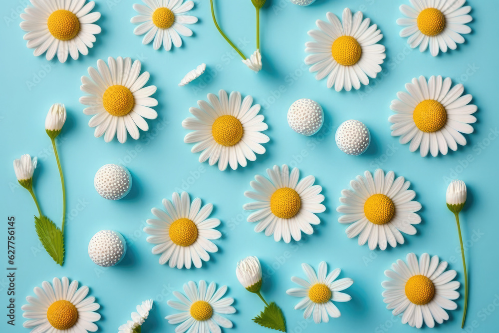Daisy pattern. Flat lay spring and summer chamomile flowers on a blue background, generative AI