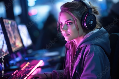 Streamer beautiful girl professional gamer playing online games computer. Generative AI