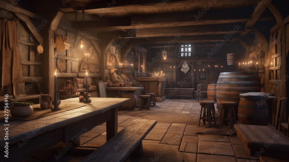 Medieval tavern interior design, medieval bar generative ai