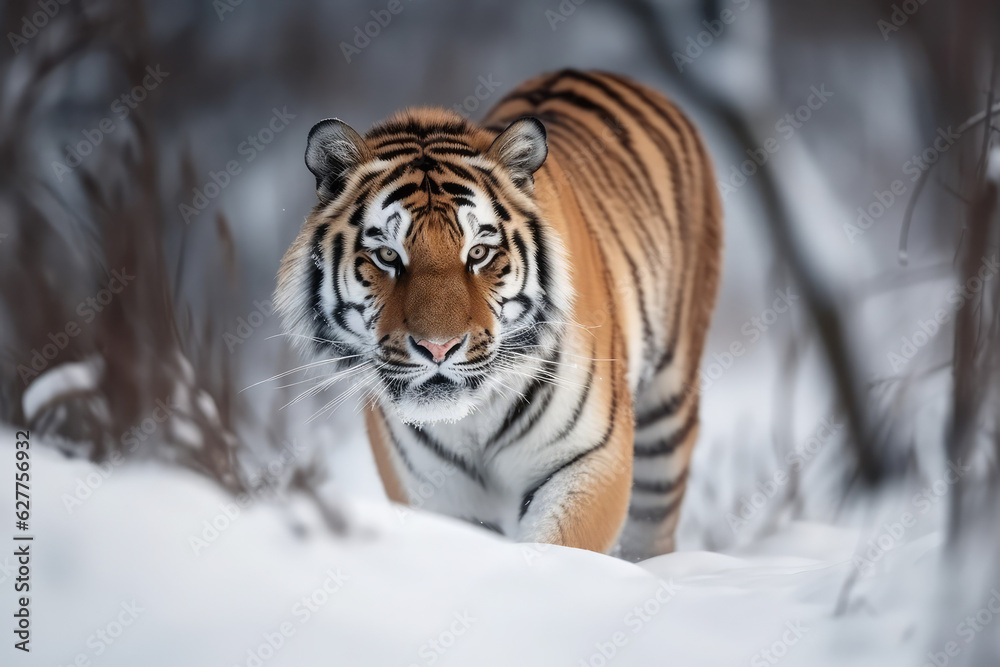 Tiger in wild winter nature with snow flakes. Amur tiger running in the snow, generative AI