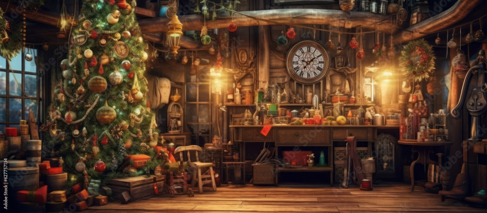 An illustration of a christmas tree in Santas workshop. A clock is hanging on the wall.
