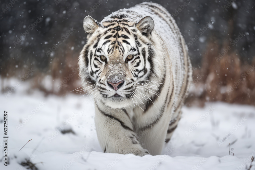 Tiger in wild winter nature with snow flakes. Amur tiger running in the snow, generative AI