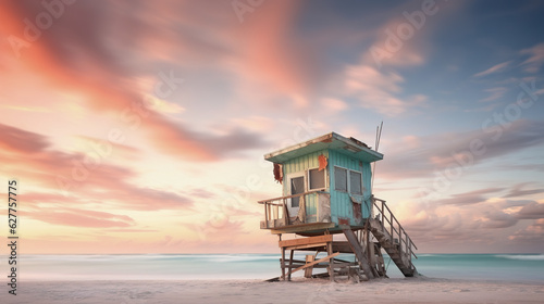 Cabine de plage, floride, usa, au coucher de soleil © Nast