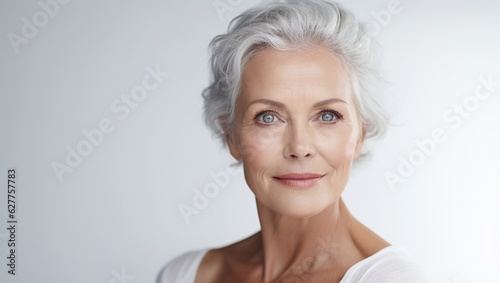A beautiful adult woman  pleasant to look at against a background of gray-white and dark shade. An old or elderly woman looks into the camera  smiling eyes of a light shade.