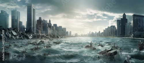 The impact of Climate Change and Global Warming. A crumbling dystopian city which is flooded due to Rising Sea Levels.