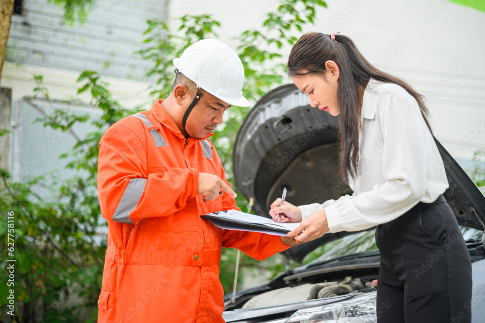 male insurance officer came to help inspect a customer's car that had an accident. Concept for vehicle crash, insurance claim. male insurance officer came to help inspect a customer's car that had an accident. Concept for vehicle crash, insurance claim.