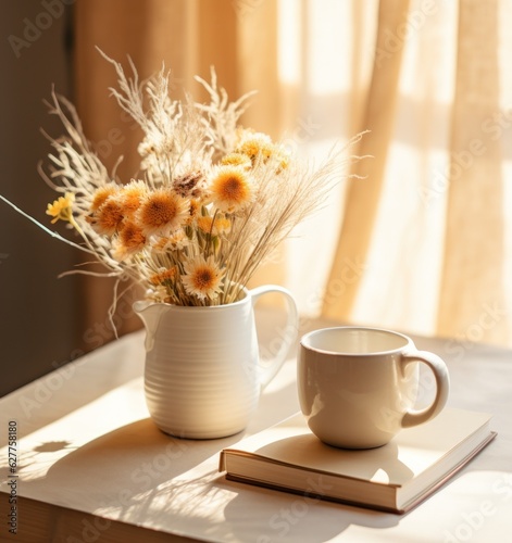 Coffee cup with dry flowers. Autumn cozy background