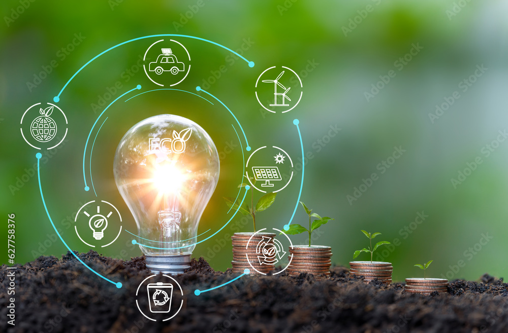 Energy saving light bulb and save world concept, sustainable ...