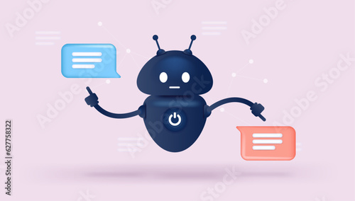 Chatbot robot character- Vector illustration of black bot pointing at speech bubbles and taking