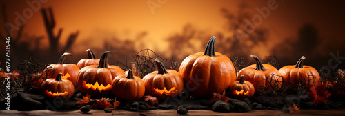 Banner for halloween pumpkins on orange background. With Generative AI technology