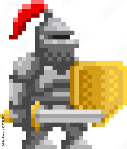 Medieval knight with sword and shield pixel art. Retro video-game character. Cartoon vector illustration.