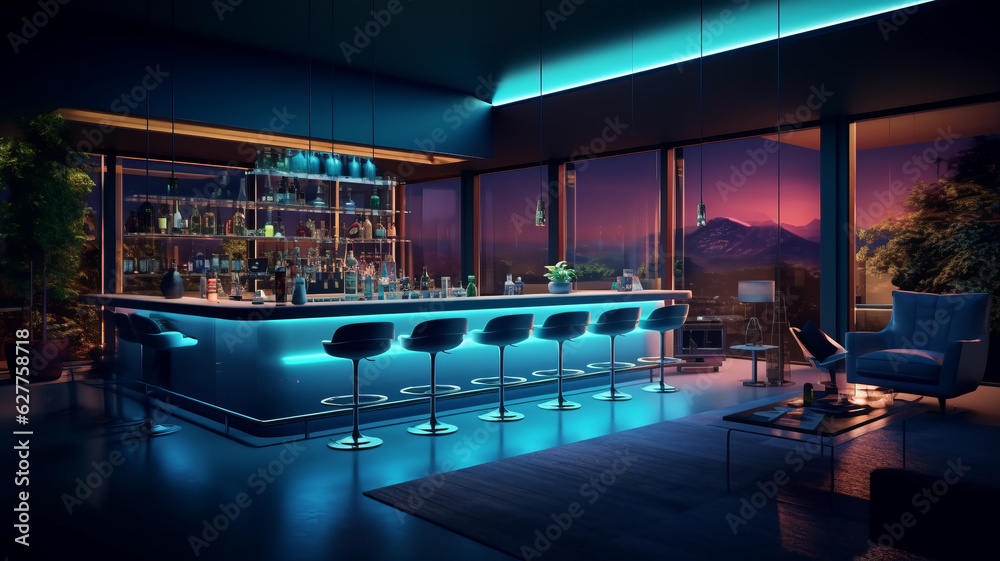 design of an indoor bar into a design house, ultra realistic, beautiful led light.generative ai