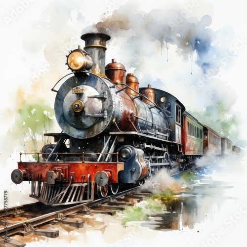 Watercolor Clipart Vintage Train Crossing a Bridge, on white background