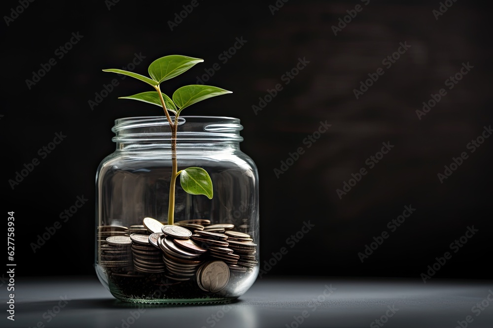 Green plant growing out of coins in a glass jar. Saving concept. A glass jar full of coins and a little plant growing inside the jar, AI Generated Green plant growing out of coins in a glass jar. Saving concept. A glass jar full of coins and a little plant growing inside the jar, AI Generated