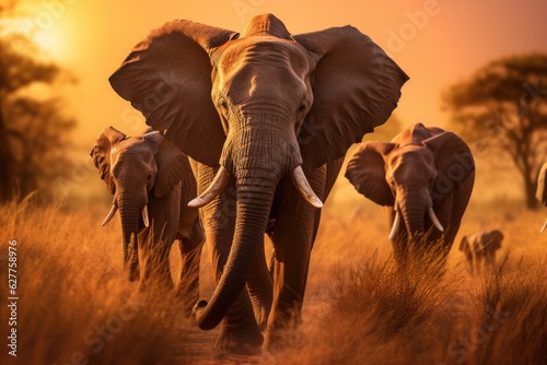 Elephants in Chobe National Park, Botswana, Africa, a herd of elephants walking across a dry grass field at sunset with the sun in the background, AI Generated © Ifti Digital