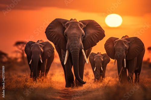 Elephants in Amboseli National Park, Kenya, Africa, a herd of elephants walking across a dry grass field at sunset with the sun in the background, AI Generated © Ifti Digital
