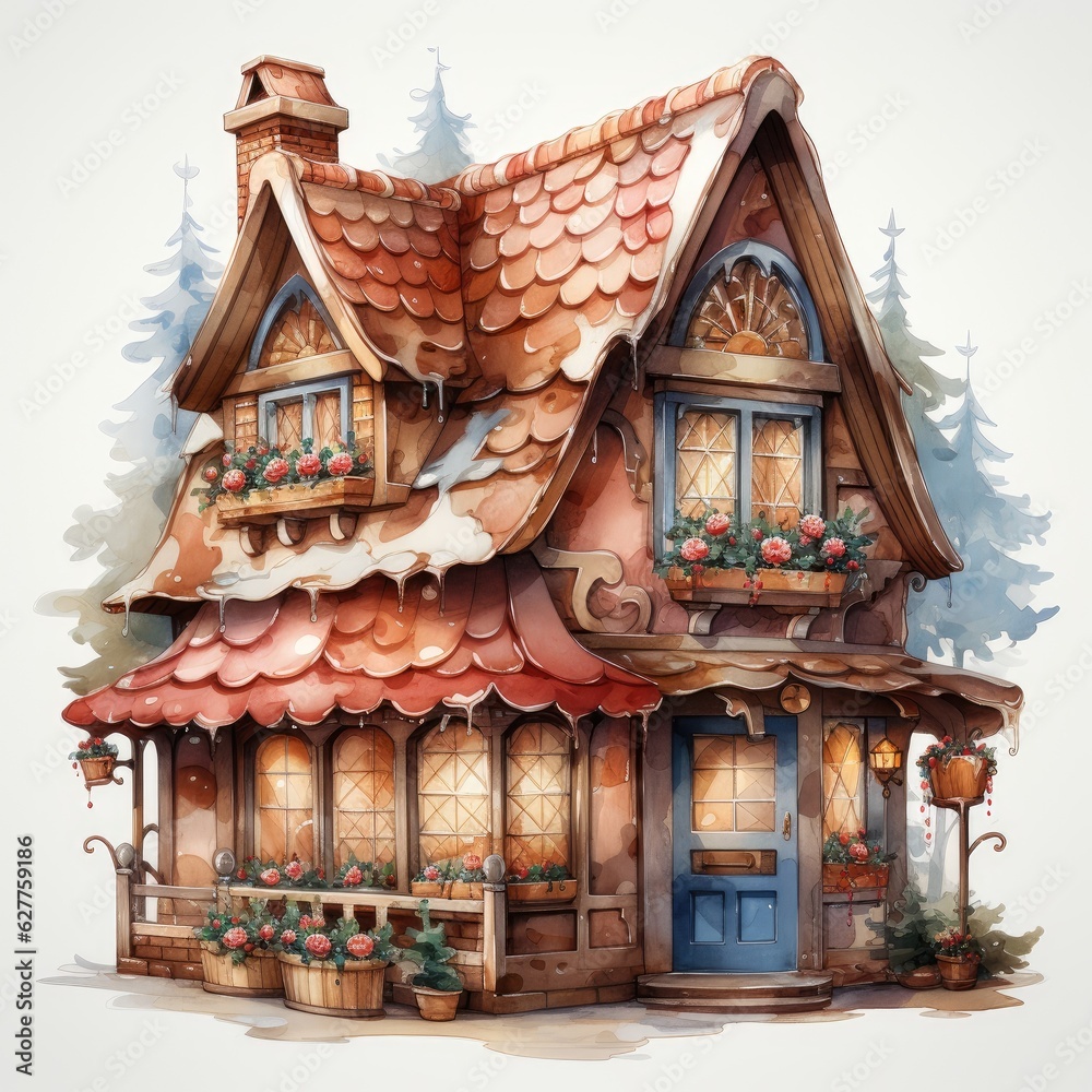 Watercolor Clipart Gingerbread House Bakery