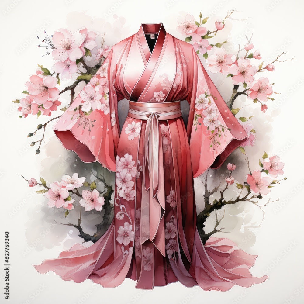 Naklejka premium Watercolor Clipart Traditional Japanese Kimono with Cherry Blossom Motifs