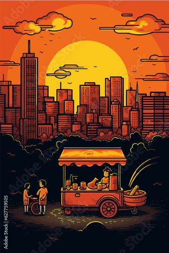 Food stall selling hot meals in a city park in the evening. Vendor with a mobile food cart making drinks and coffee