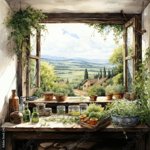Hand Painted Watercolor Clipart Country Kitchen Window with Hanging Herbs